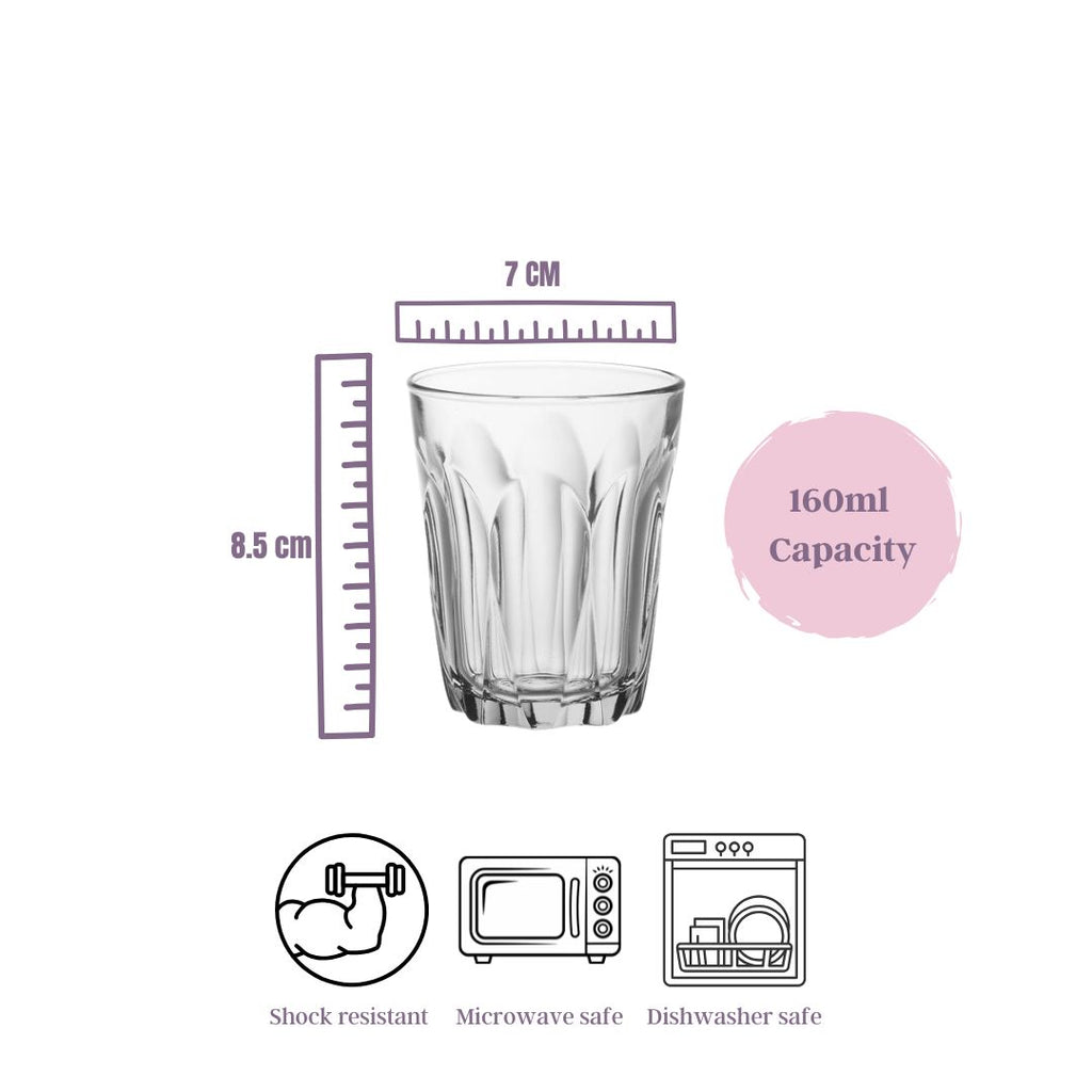 Clear glass with measurements and capacity details on a white background