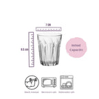 Clear glass with measurements and capacity details on a white background
