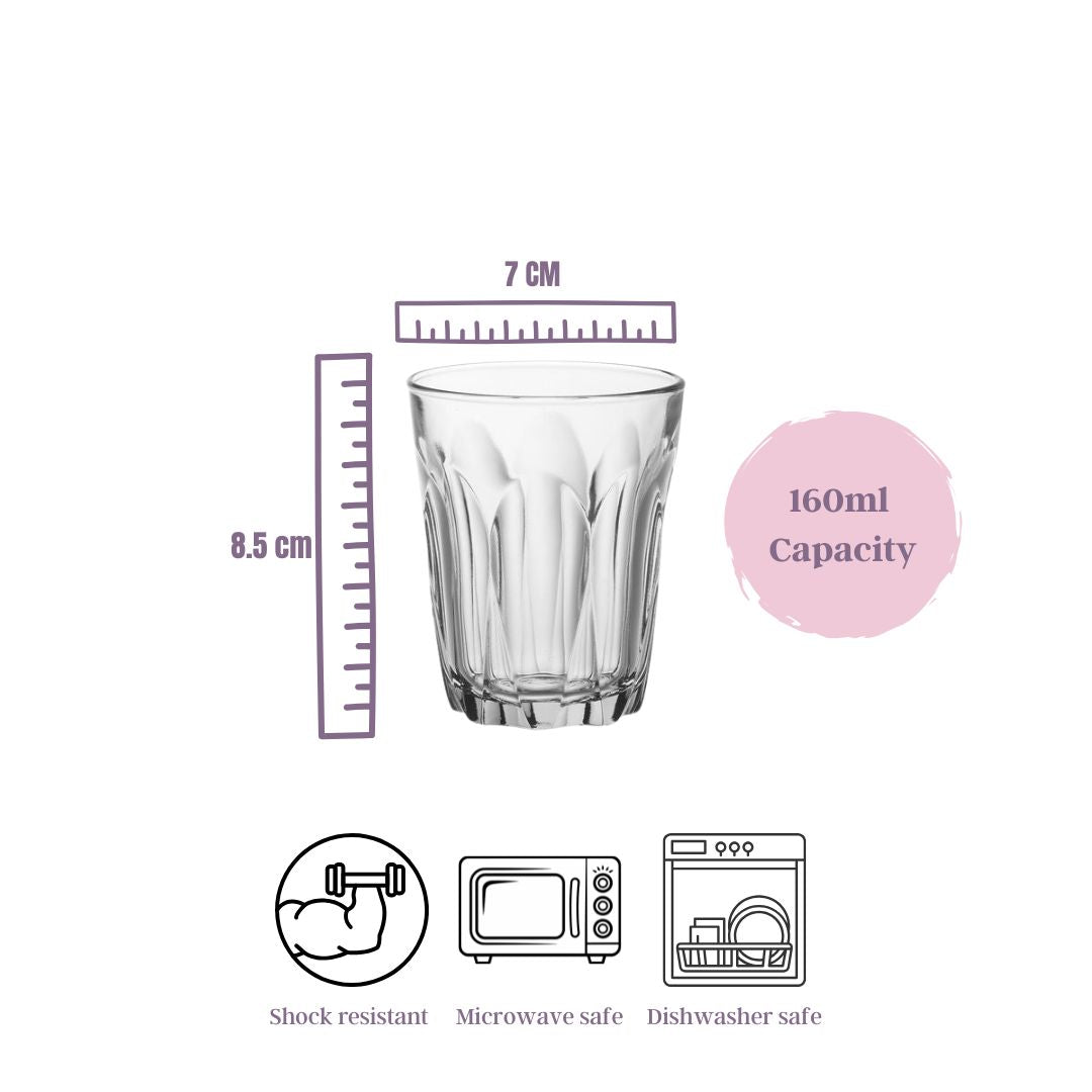 Clear glass with measurements and capacity details on a white background