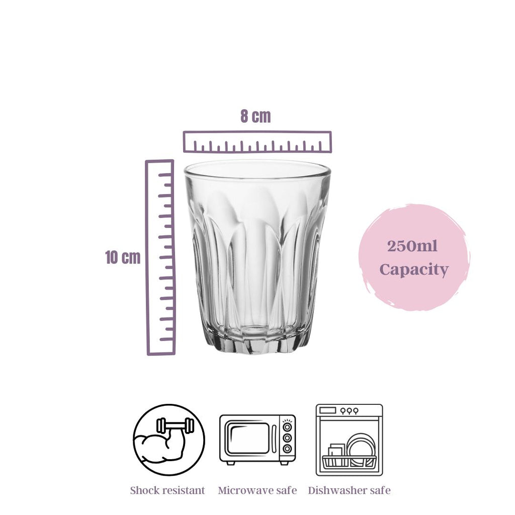 Clear glass with measurements and safety features on a white background
