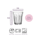 Clear glass with measurements and safety features on a white background