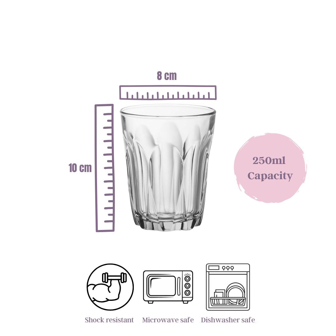 Clear glass with measurements and safety features on a white background