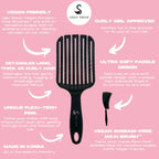 Black scream free wet hair brush with Ugly Swan branding on a pink background with product features.