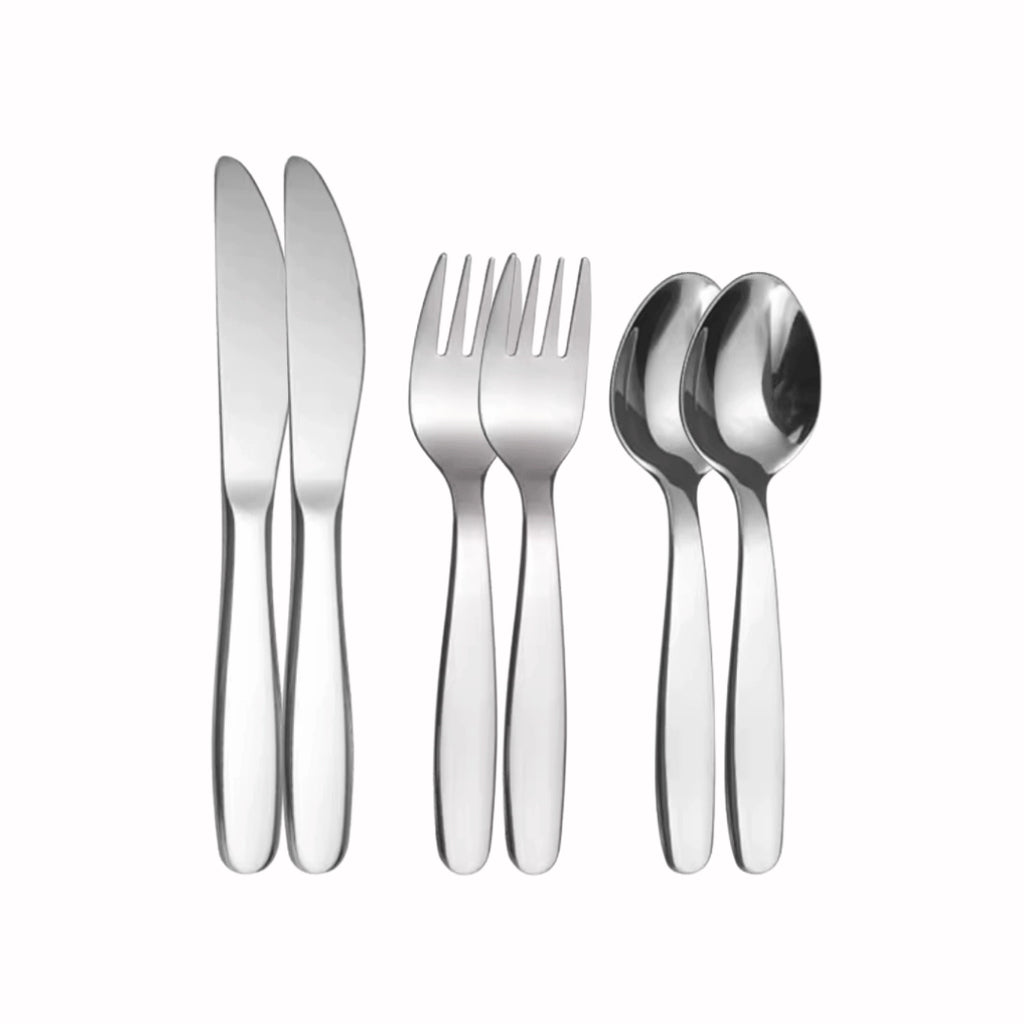 Set of silver cutlery including knives, forks, and spoons on a white background