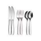 Set of silver cutlery including knives, forks, and spoons on a white background