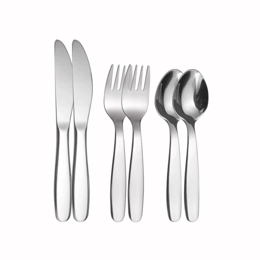 Set of silver cutlery including knives, forks, and spoons on a white background