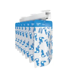 Pack of food pouches with blue animal pattern on a white background hanging from the breastmilk organiser