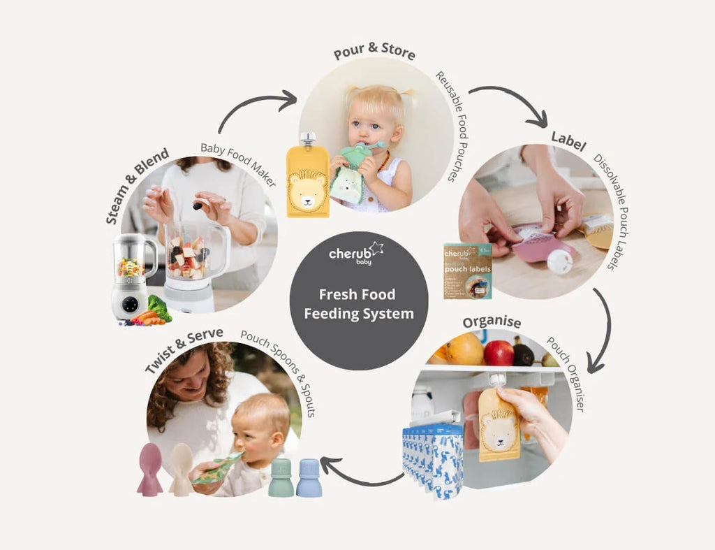 Cherub Baby Fresh Food Feeding System with step-by-step process on a white background