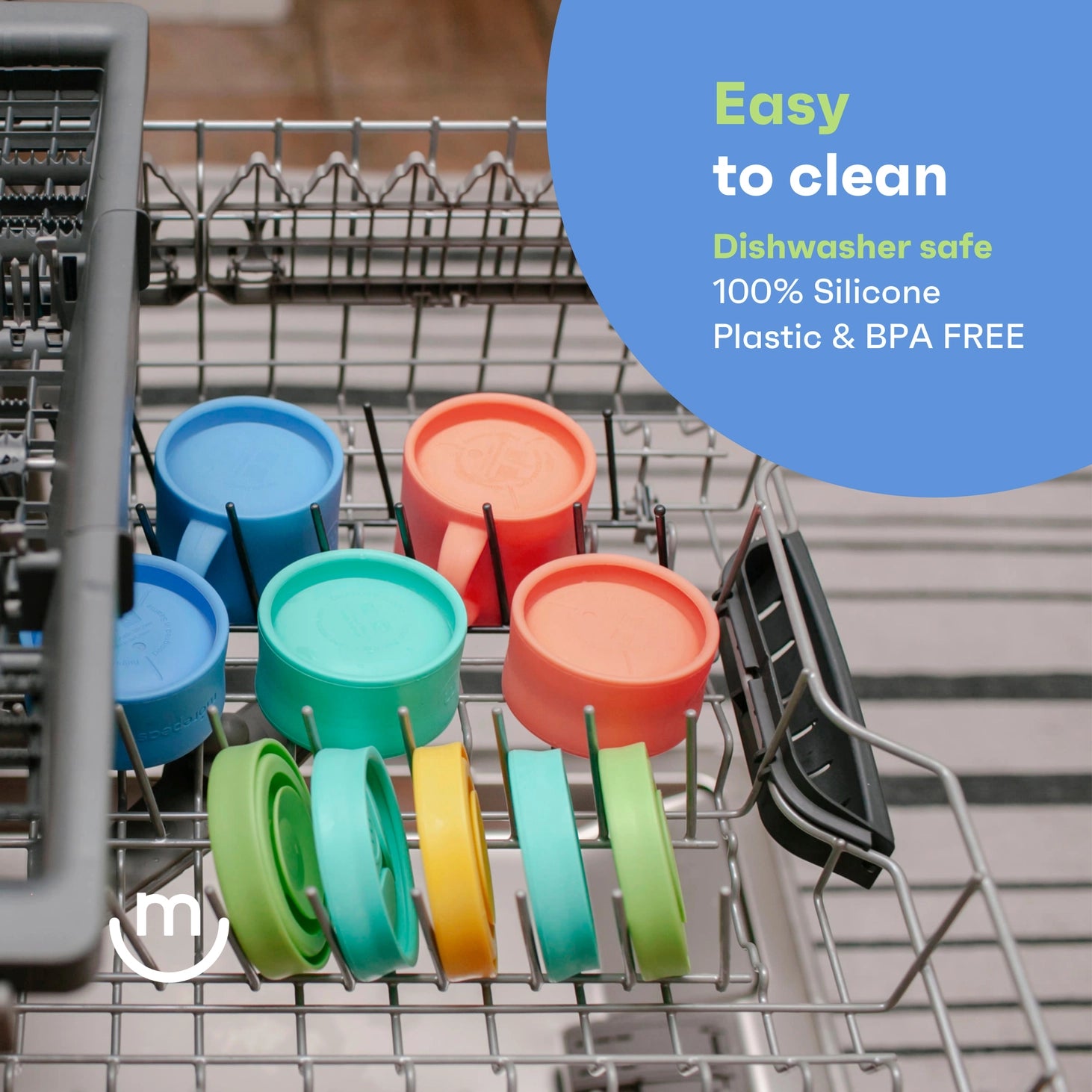 easy to clean, diswasher safe, 100% silicone plastic & BPA Free.