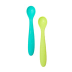 Two colorful spoons, one turquoise and one green, on a white background
