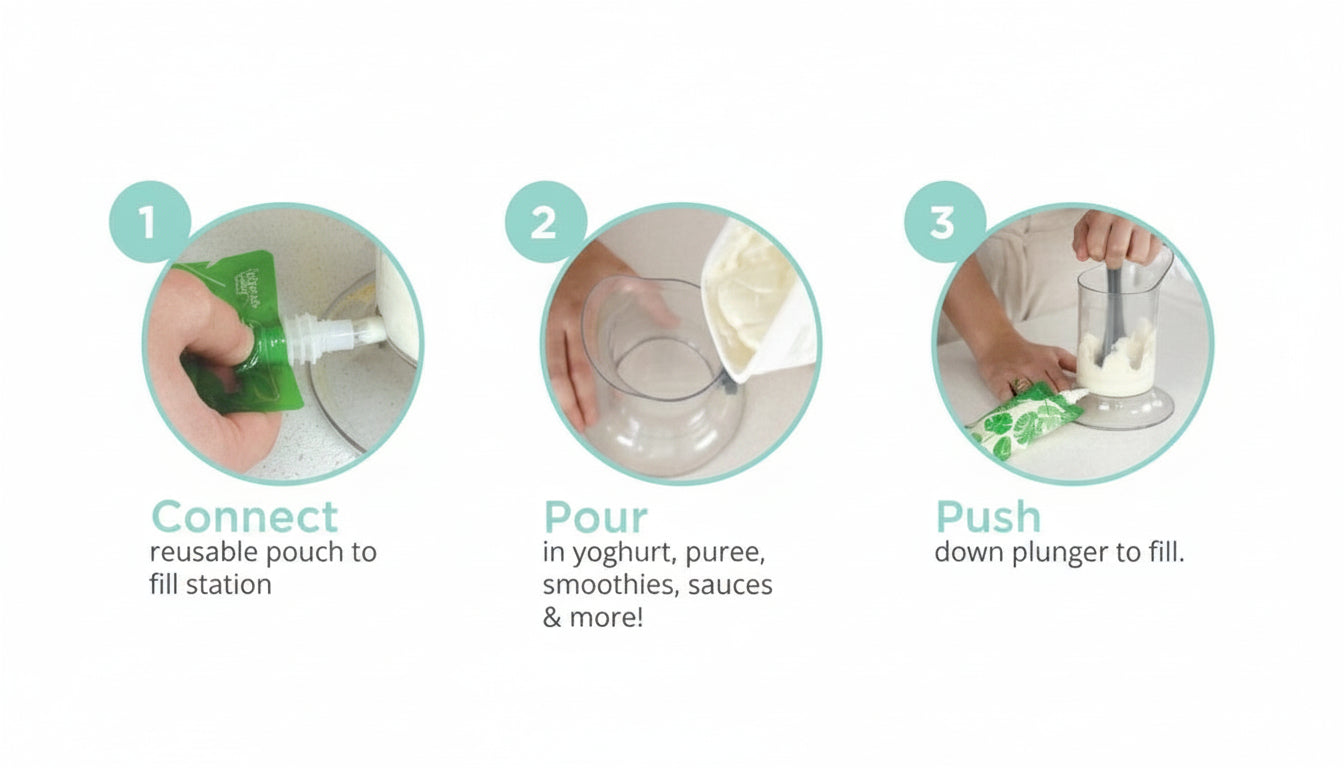 Step-by-step guide on using a food processor with text labels.