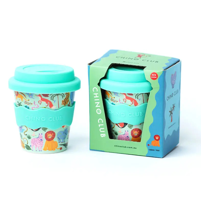 Children's reusable cup with animal pattern and matching packaging on a white background