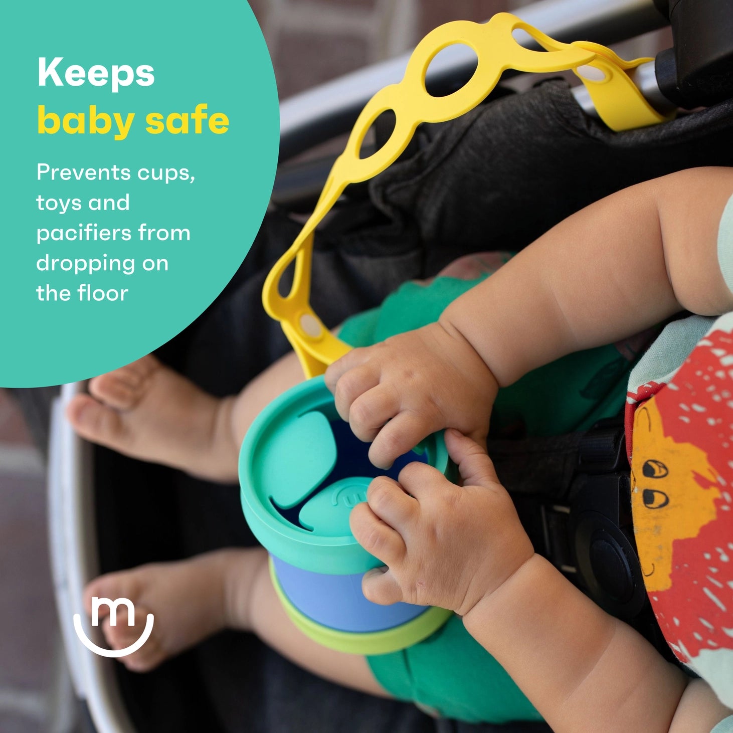 Child's hands holding a stack of colorful cups with a safety device in a car seat, text 'Keeps baby safe' and 'Prevents cups, toys and pacifiers from dropping on the floor'.
