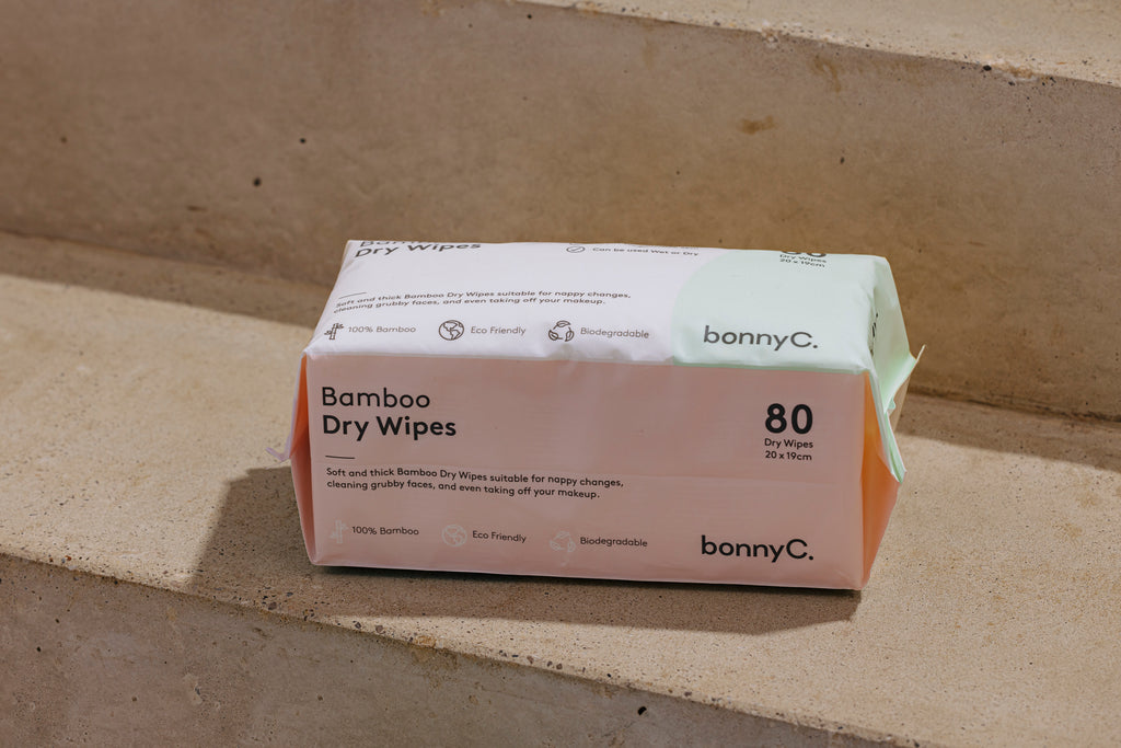 Box of bonnyC Bamboo Dry Wipes on a concrete surface