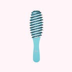 Blue hairbrush with black bristles on a white background