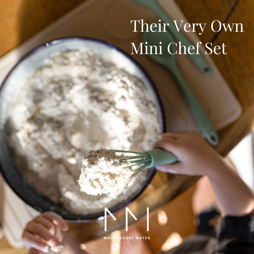 Child mixing flour with a whisk over a bowl, with text 'Their Very Own Mini Chef Set' and 'Montessori Mates' logo.