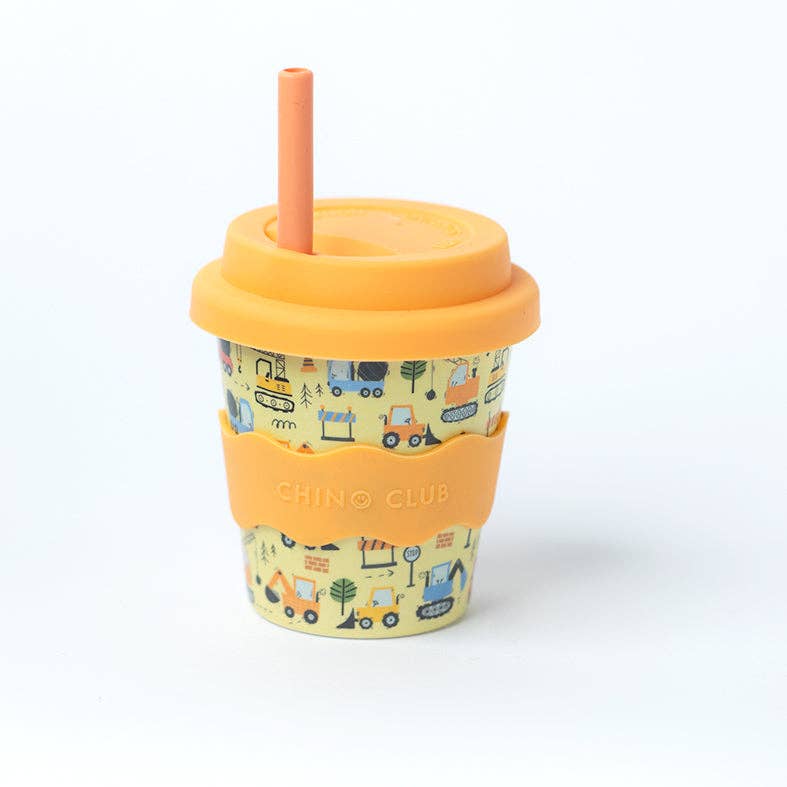 Children's cup with lid and straw featuring vehicle illustrations on a white background